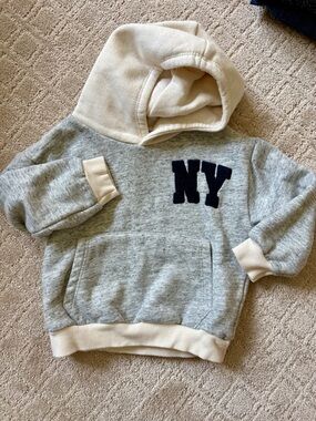 Zara Kids Hooded Sweatshirt in Gray, Cream with Navy NY Applique